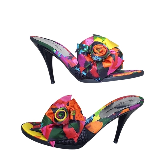 Vintage Beverly Feldman “Enrich Me” Black Linen Peony Sandals with Heels Size 7 - Picture 1 of 11